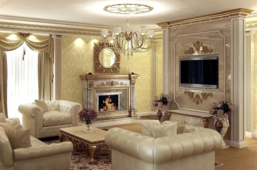 Классическая гостиная с мраморным камином